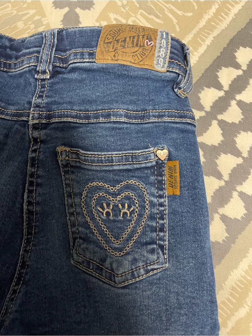 Girls Dark Blue Denim Jeans with Heart Embroidery